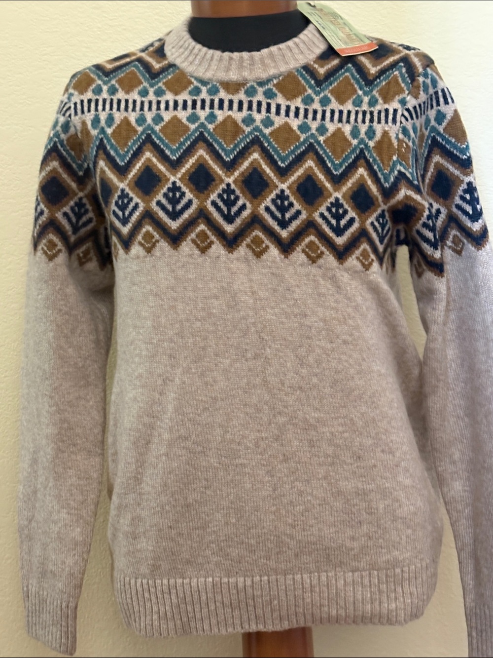 Fat Face Beige Crewneck Sweater with Blue & Brown Fair Isle Yoke